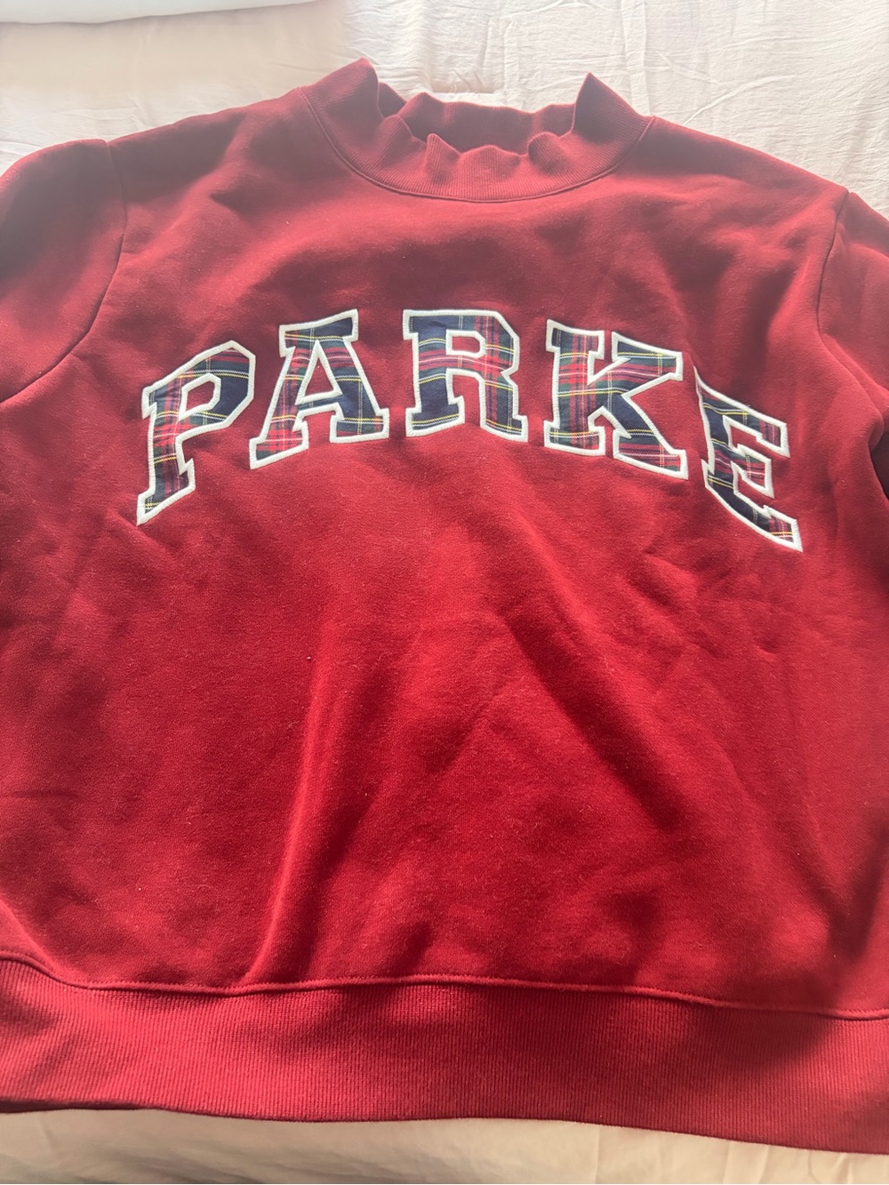 PARKER Red Crewneck Sweater with Plaid Lettering